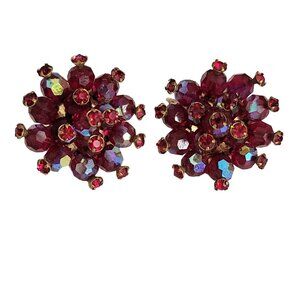 Red Prong-Set AB Glass Cluster Beaded Vintage Clip-On Earrings